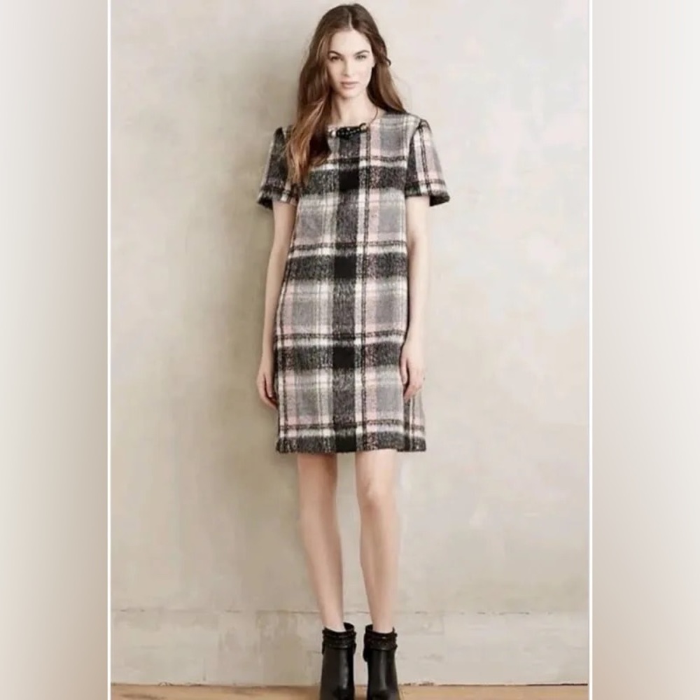 Anthropologie Line+Dot Frontier Wool Blend Pink Plaid A Line Dress XS